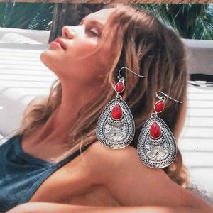 BOHO Southwest Style Silver & Red Earrings